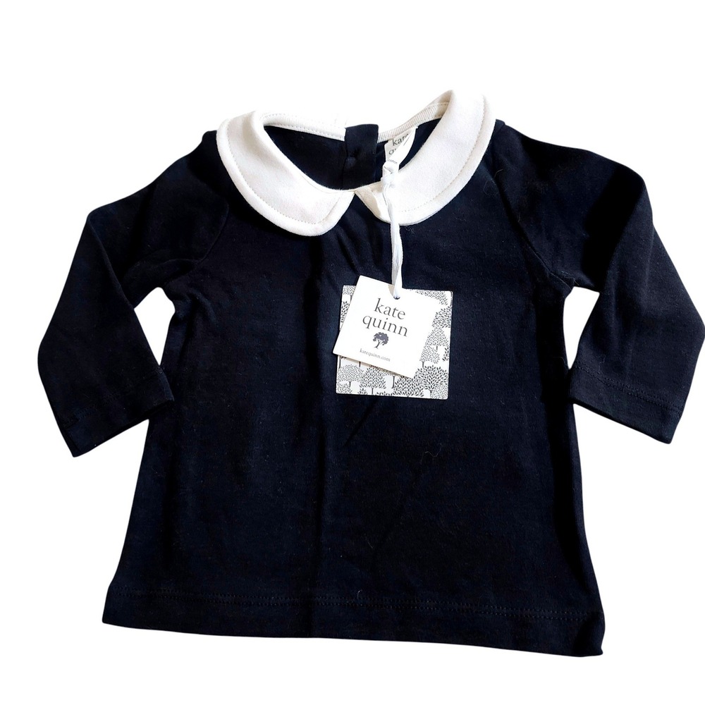 NEW Kate Quinn Long Sleeve Peter Pan Tee Black Organic Cotton 6-12M